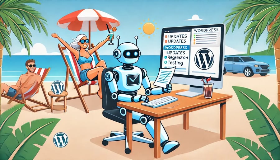 DALL·E 2024-09-30 15.46.25 - A hero image showing a robot sitting at a desk working on a computer, performing tasks like WordPress updates and regression testing. In the backgroun DALL·E 2024-09-30 15.46.25 - A hero image showing a robot sitting at a desk working on a computer, performing tasks like WordPress updates and regression testing. In the backgroun